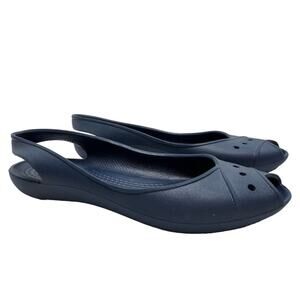 CROCS Navy Blue Slip On Peep Toe Slingback Waterproof Flats Casual Shoes sz 5
